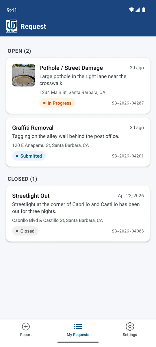 A list of the reporter's requests, each with a status and a case number.