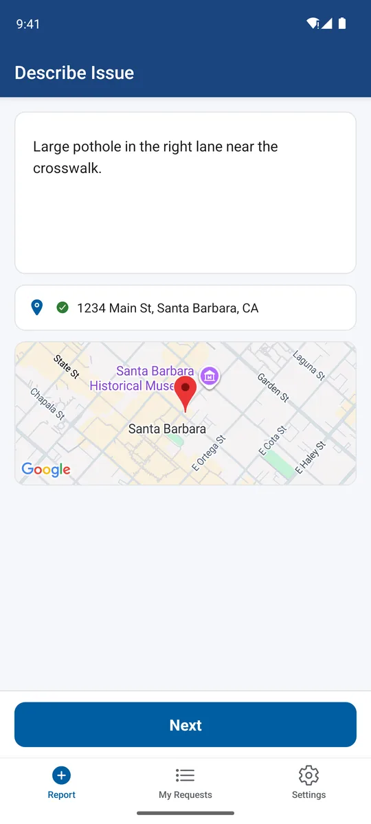 The app's report screen, offering Take a Photo or Describe Issue.