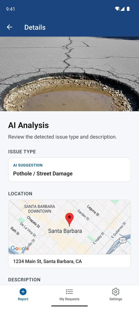 The app showing a detected issue type and the location on a map.