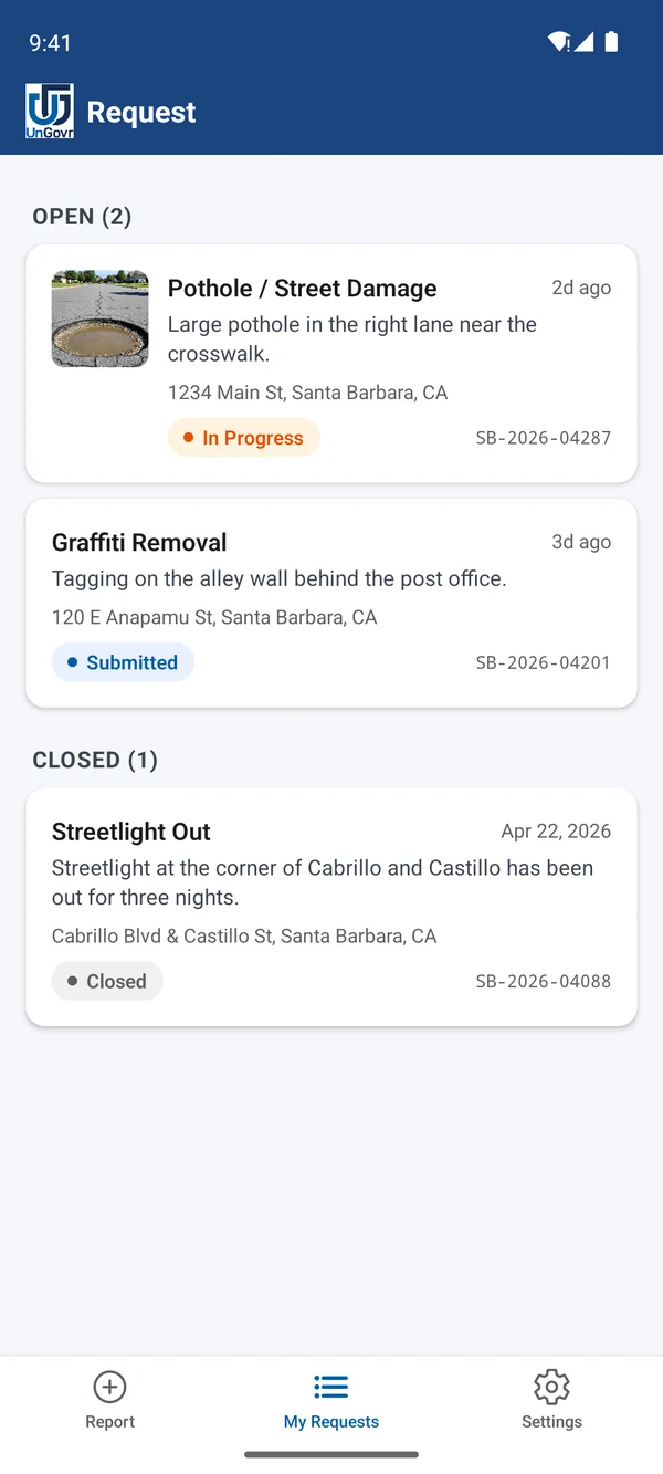 My Requests screen listing open and closed reports with status labels and request codes