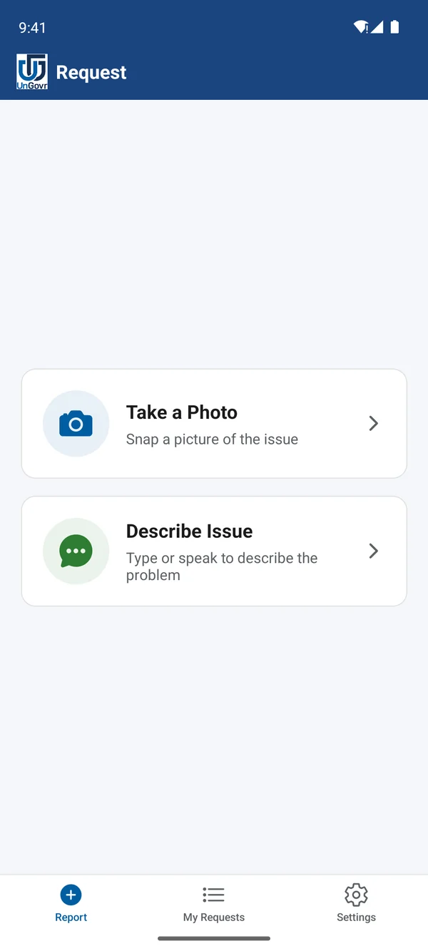 UnGovr Request app home screen offering Take a Photo or Describe Issue options